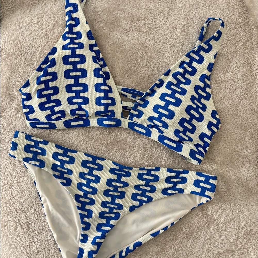 Blue and White Patterned Bikini Set